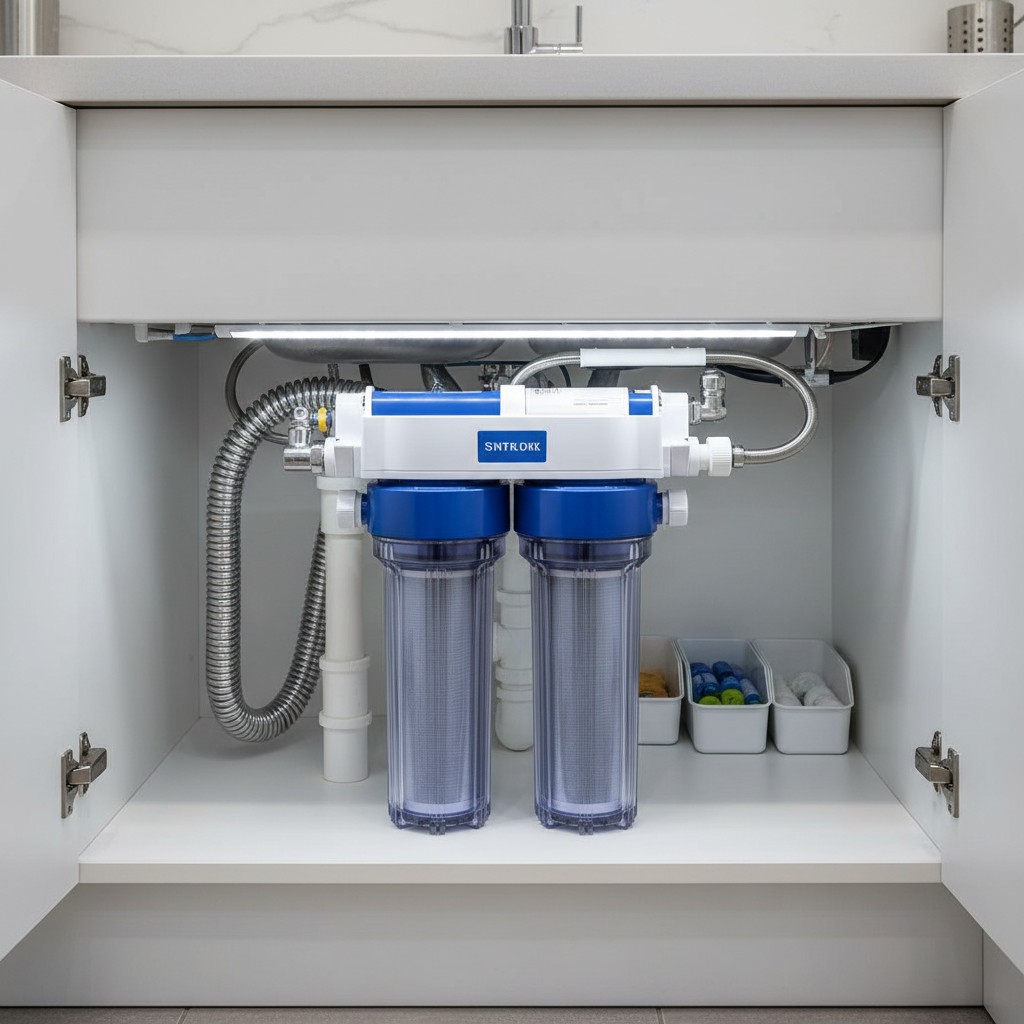 The alt text for the image is: "A water filtration system installed under a kitchen sink shows two tandem 5-Stage filter c...